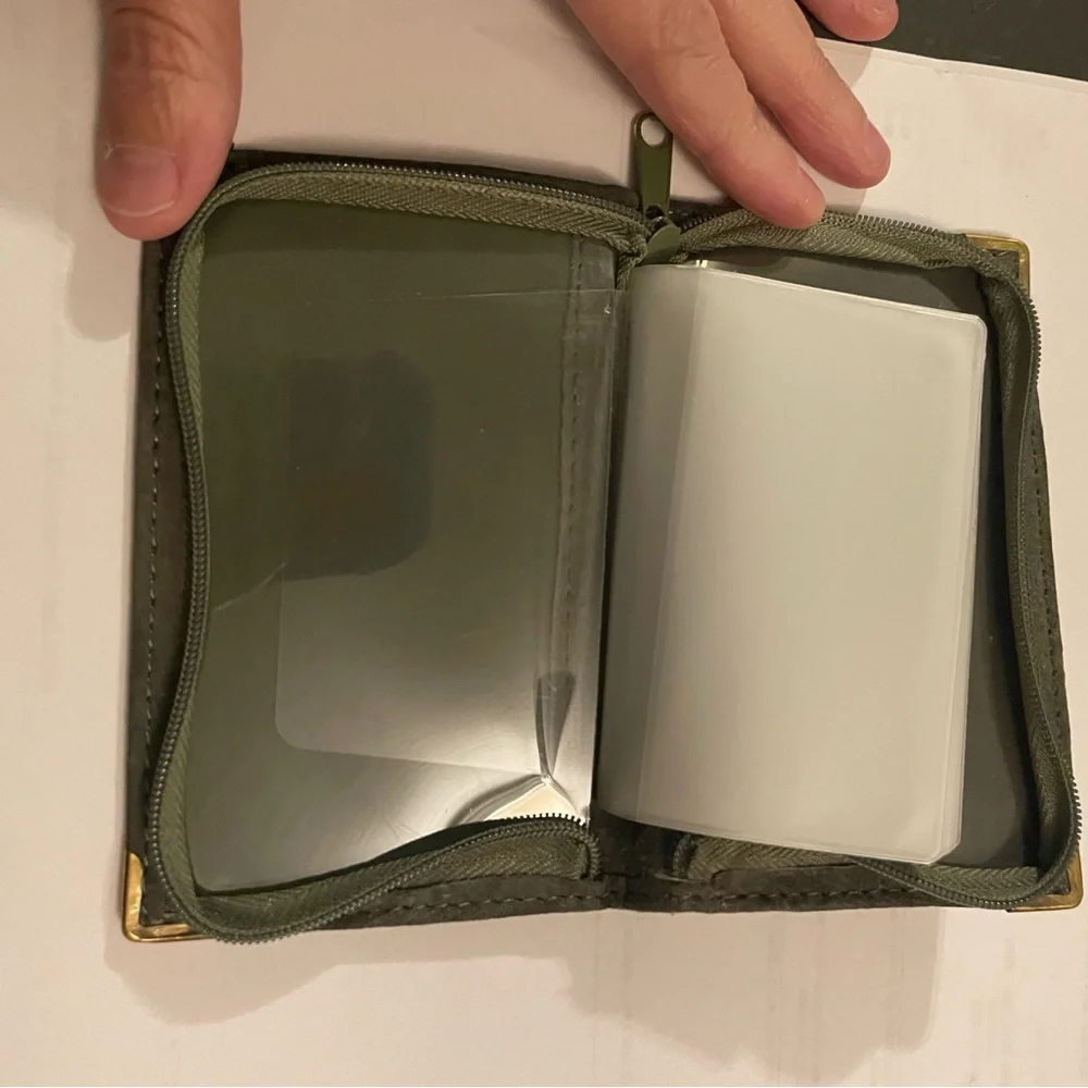 English Factory Gray Leather ID Card Holder with Gold Corners wallet